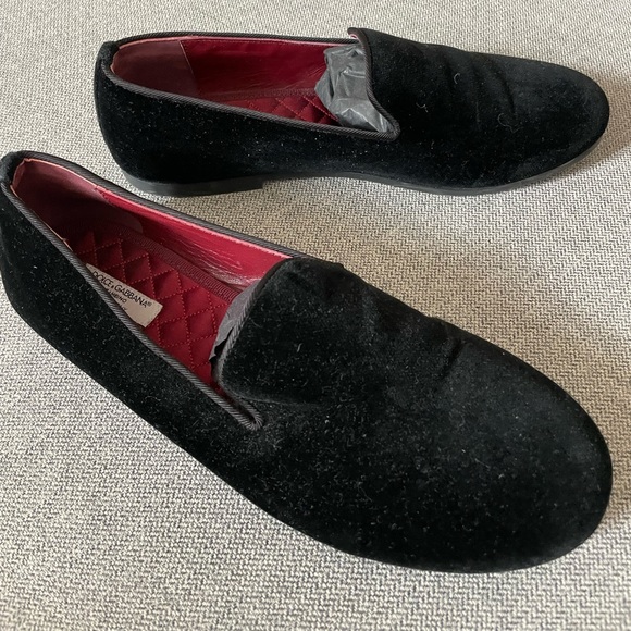 DOLCE & GABBANA Kids Children Plain Black Velvet Slippers Loafers Shoes